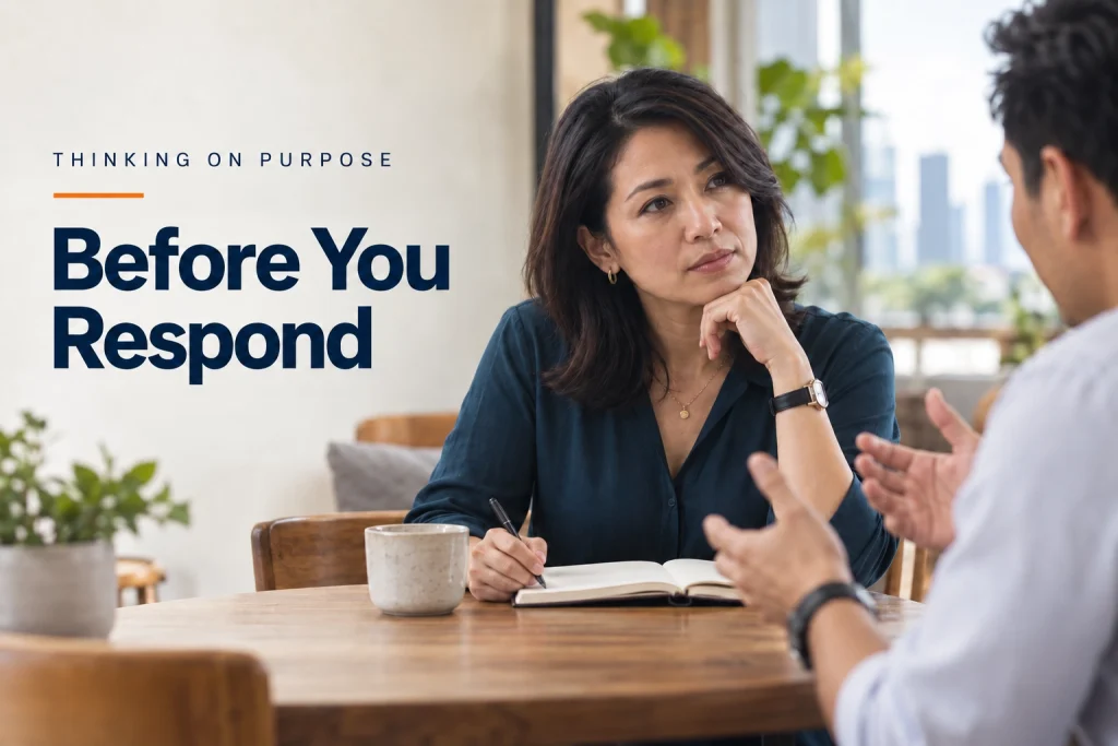 Before You Respond — Thinking on Purpose. A woman listening thoughtfully to a man across a table.